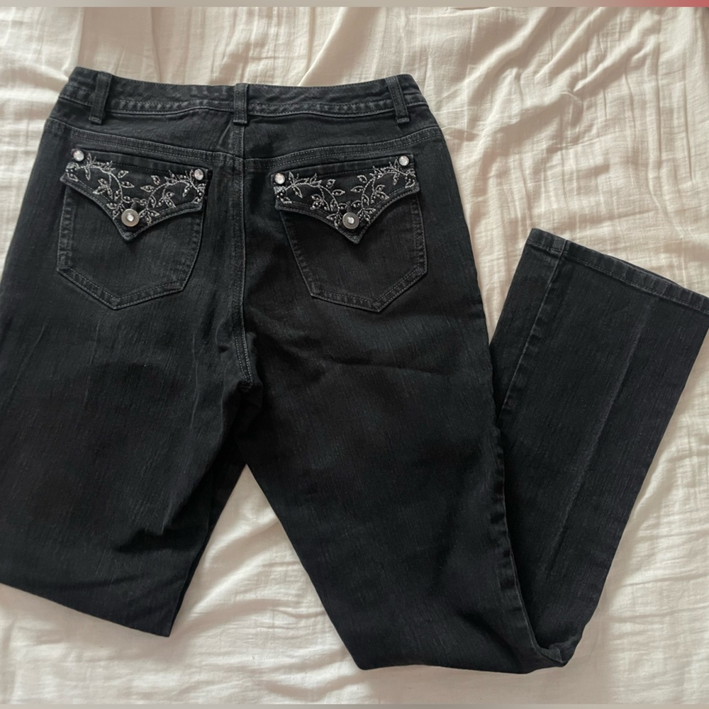 Embroidered Black Denim Jeans